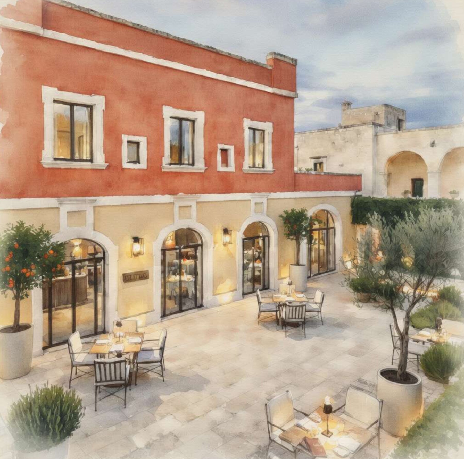 Main court restaurant, watercolour