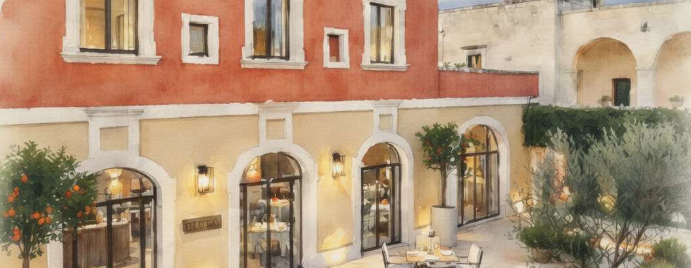 Main court, Masseria Refrigerio, Ostuni — watercolour