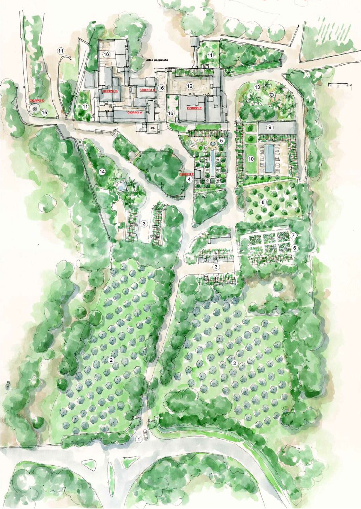 Watercolour masterplan, Masseria Refrigerio, Ostuni