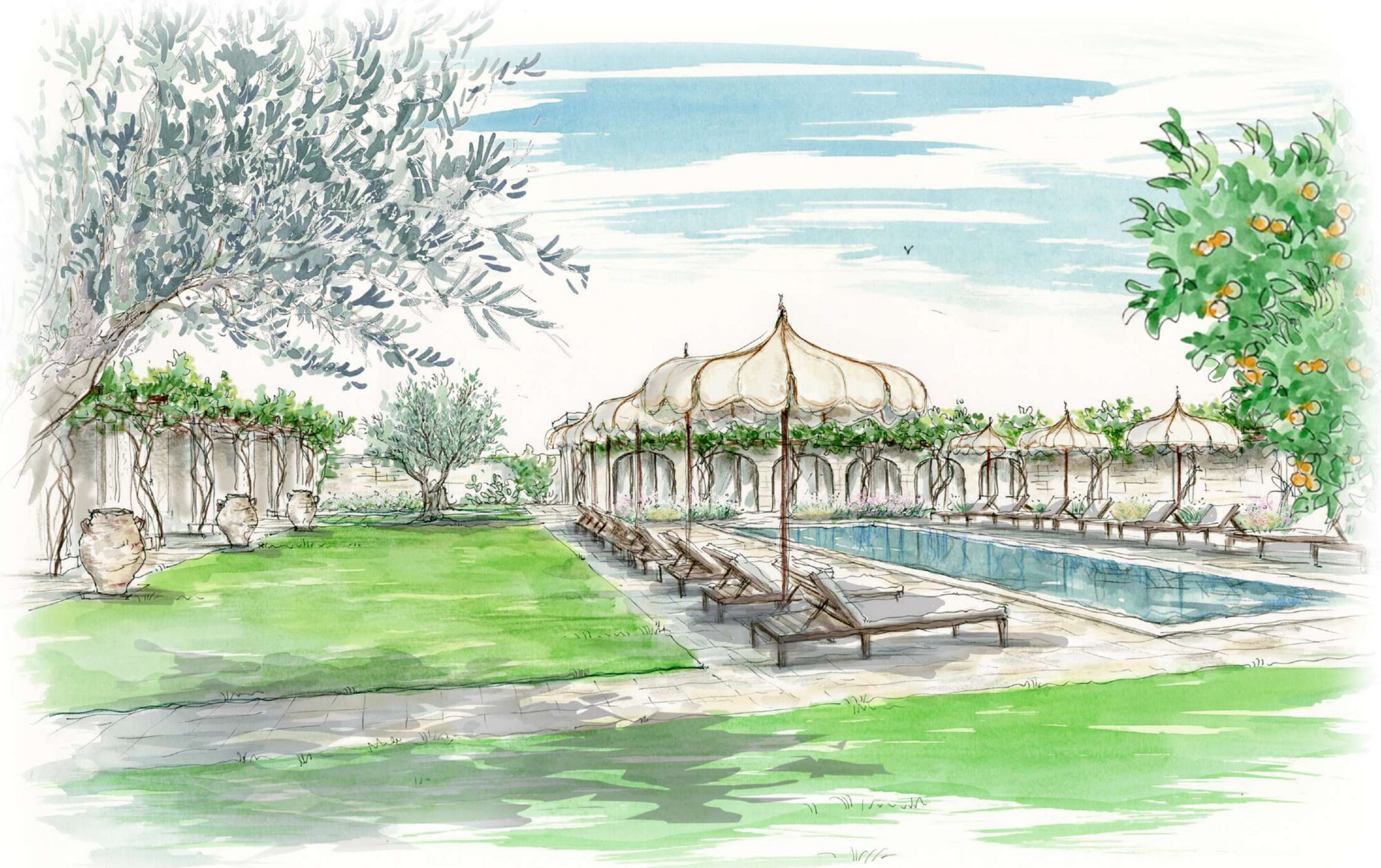 Thermal spa pool, watercolour