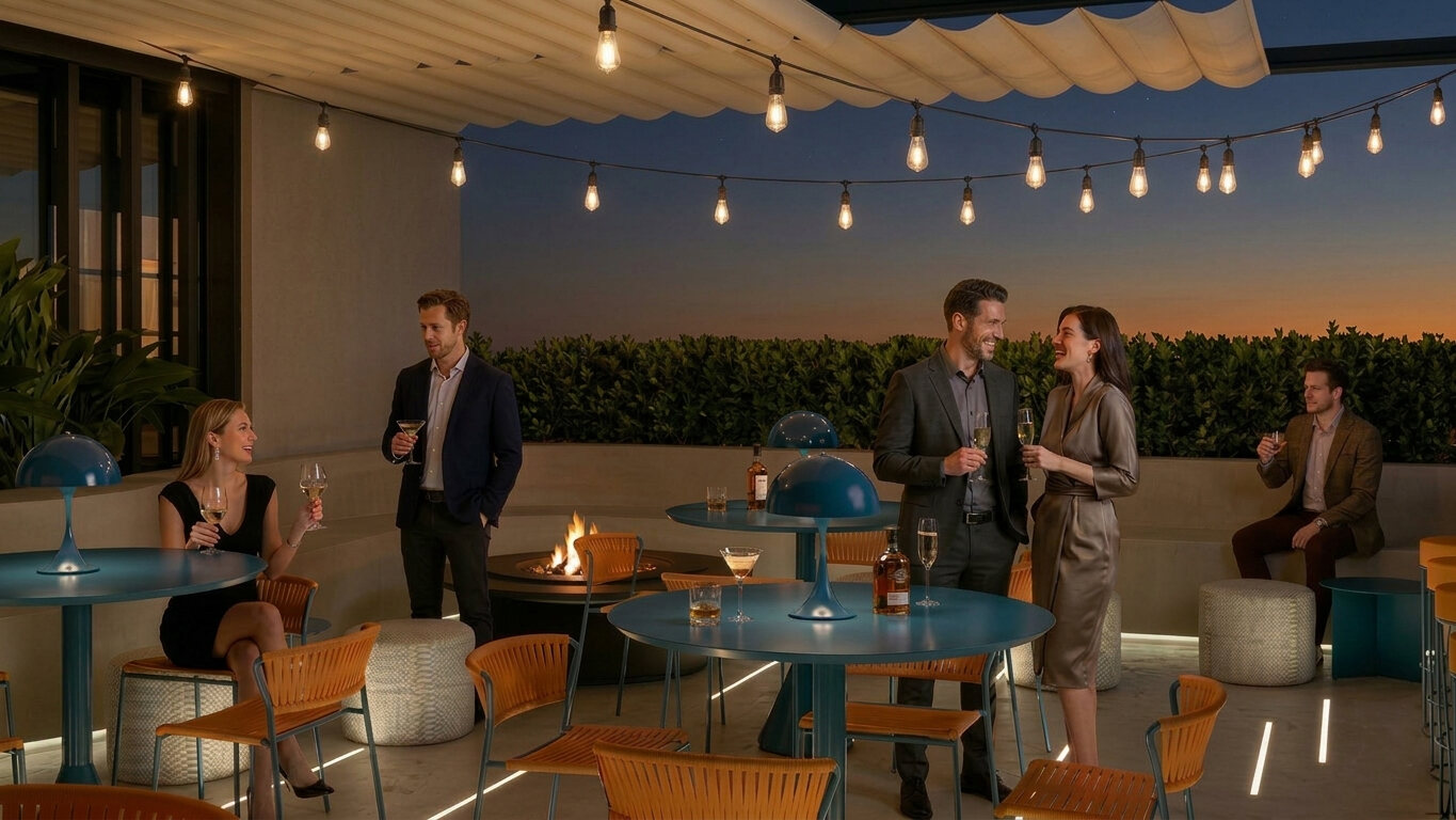 Rooftop terrace at dusk